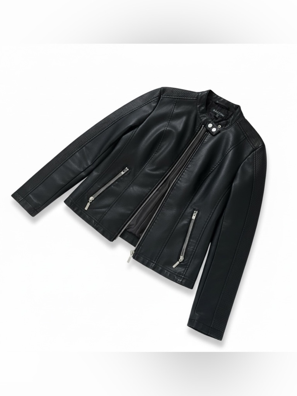 Baccini Black Faux Leather Moto Jacket with Zip Pockets